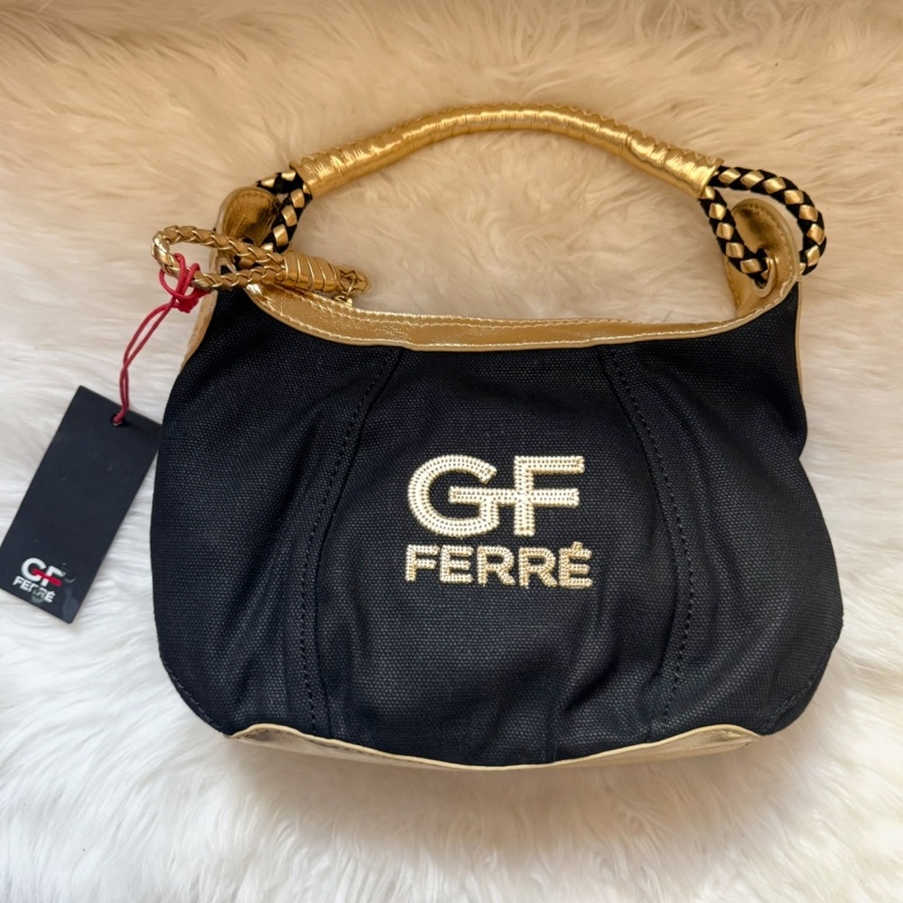 New! GF FERRÉ Black & Gold Linen Shoulder Bag w/Woven Handle